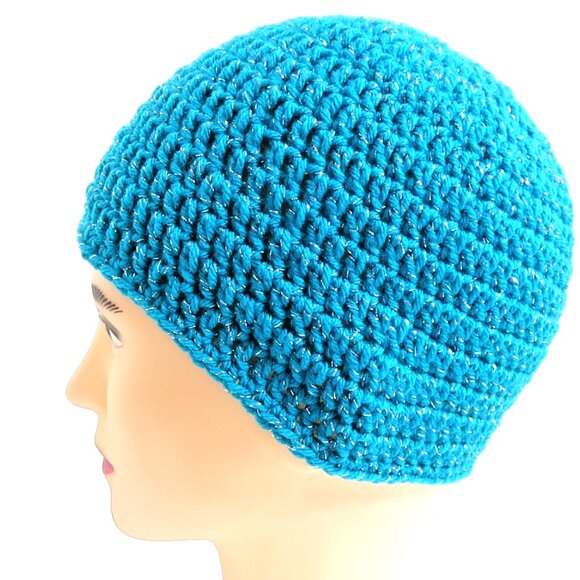 Sparkling Blue Skull Cap OS Handmade Crochet Hand Knit Warm Beanie Hat NWT - Picture 3 of 7